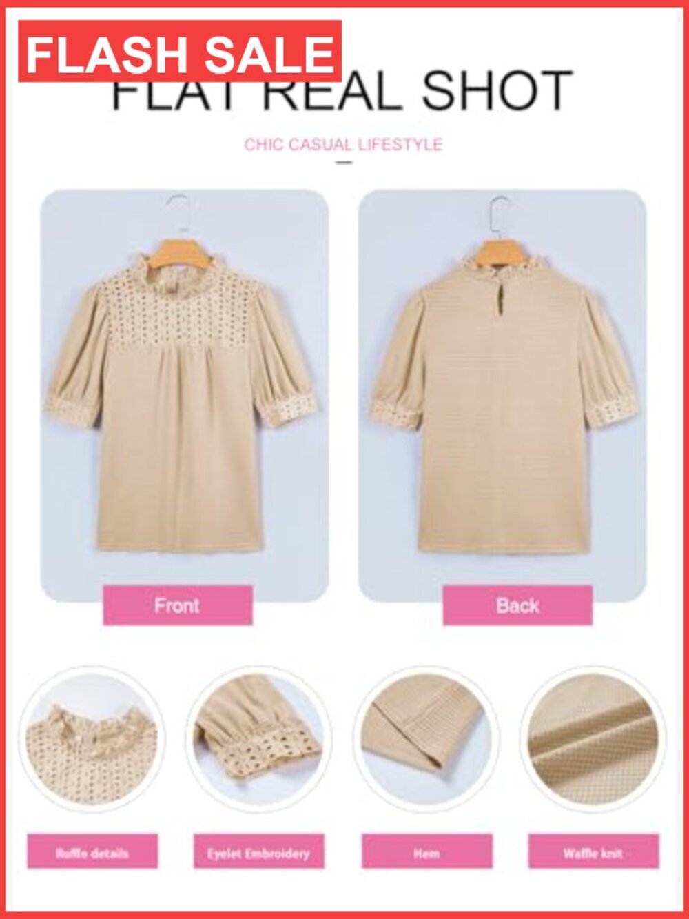 Waffle Knit Mock Neck Puff Sleeve Blouse Women Dressy Casual Tunic Top - Picture 5 of 7